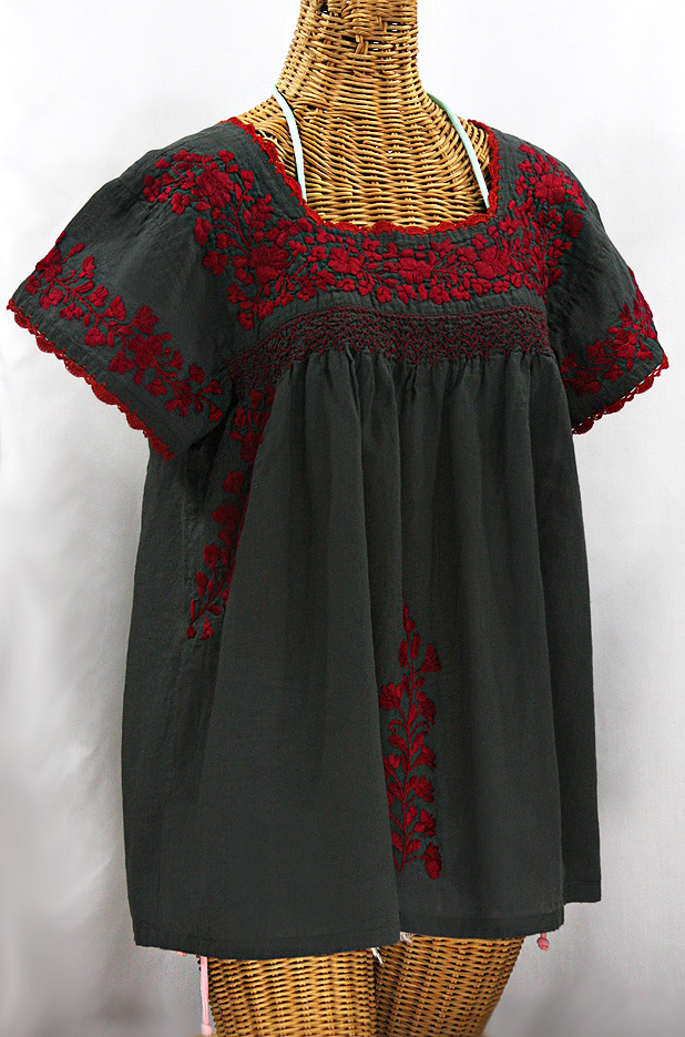 "La Marina Corta" Embroidered Mexican Peasant Blouse - Charcoal + Maroon