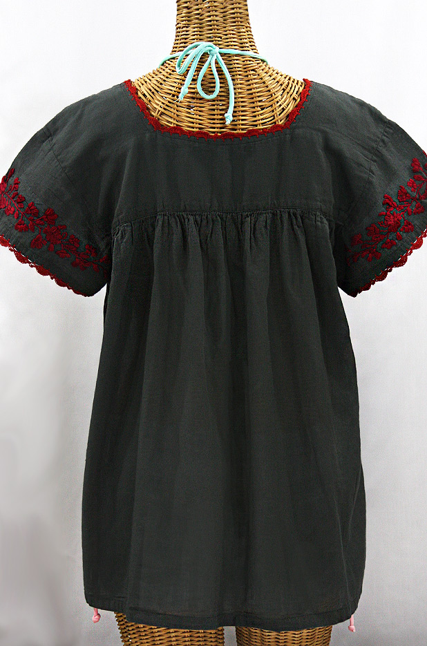 "La Marina Corta" Embroidered Mexican Peasant Blouse - Charcoal + Maroon