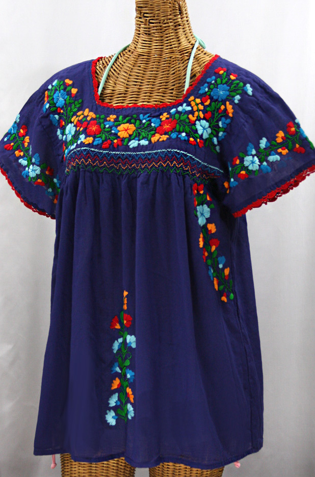 "La Marina Corta" Embroidered Mexican Peasant Blouse - Denim + Fiesta