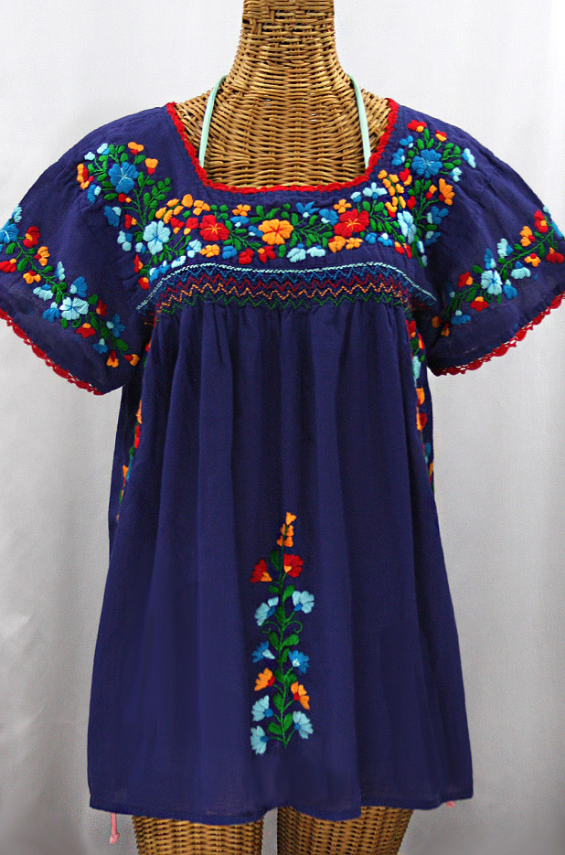 "La Marina Corta" Embroidered Mexican Peasant Blouse - Denim + Fiesta