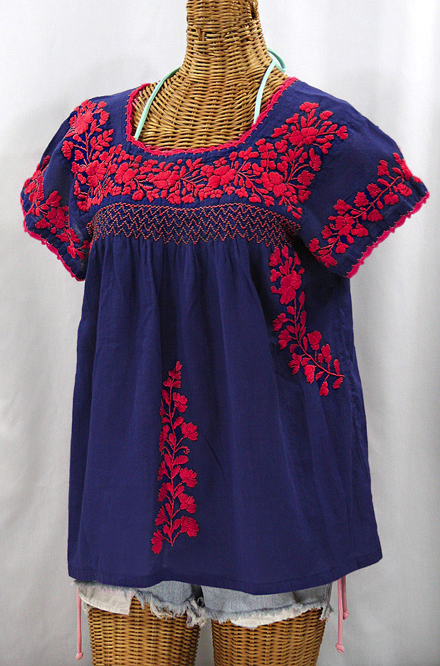 "La Marina Corta" Embroidered Mexican Peasant Blouse - Denim Blue + Red