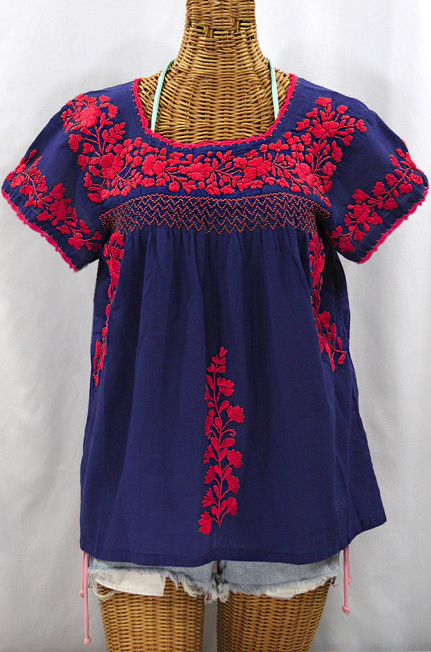 "La Marina Corta" Embroidered Mexican Peasant Blouse - Denim Blue + Red