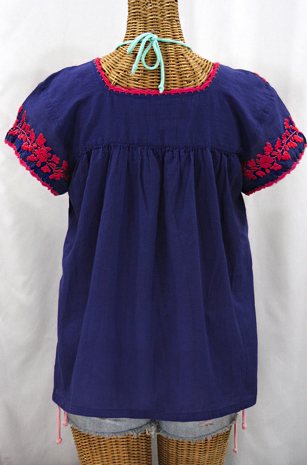 "La Marina Corta" Embroidered Mexican Peasant Blouse - Denim Blue + Red