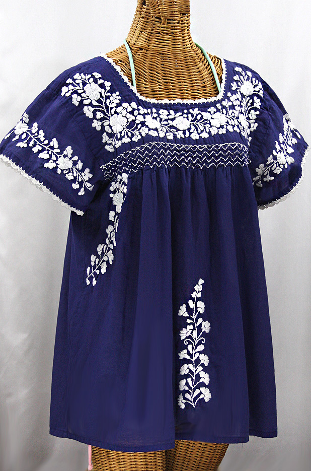 "La Marina Corta" Embroidered Mexican Peasant Blouse - Denim + White