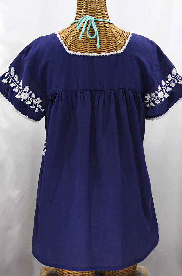 "La Marina Corta" Embroidered Mexican Peasant Blouse - Denim + White