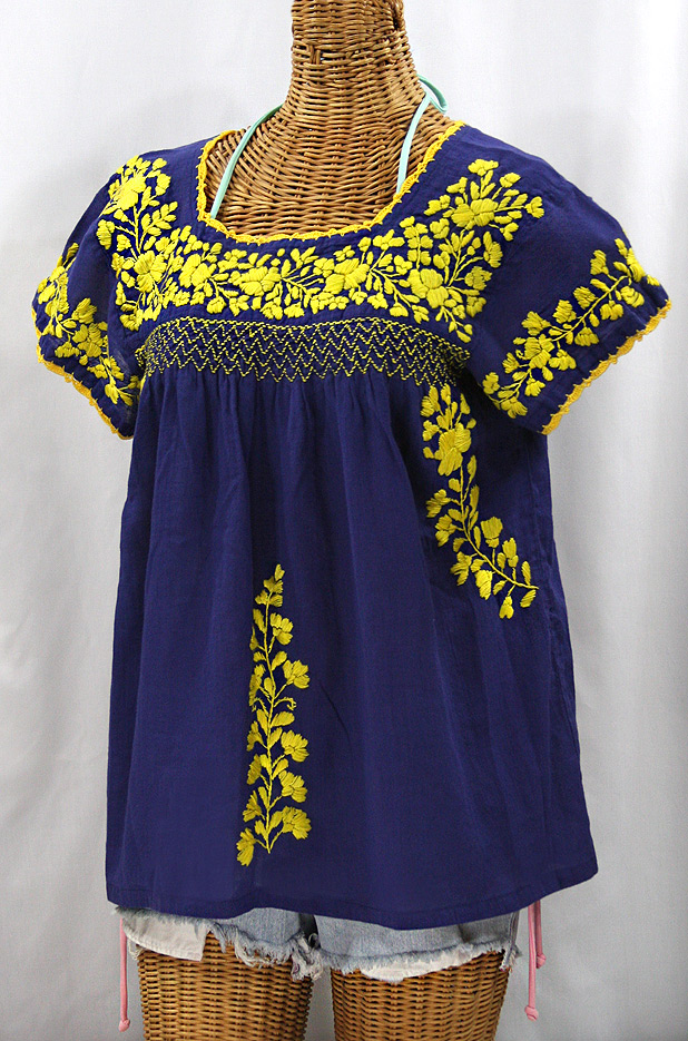 "La Marina Corta" Embroidered Mexican Peasant Blouse - Denim + Yellow