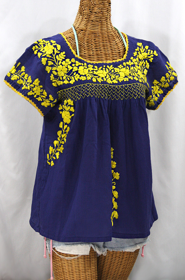 "La Marina Corta" Embroidered Mexican Peasant Blouse - Denim + Yellow