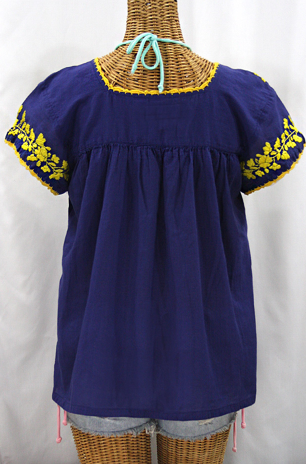 "La Marina Corta" Embroidered Mexican Peasant Blouse - Denim + Yellow