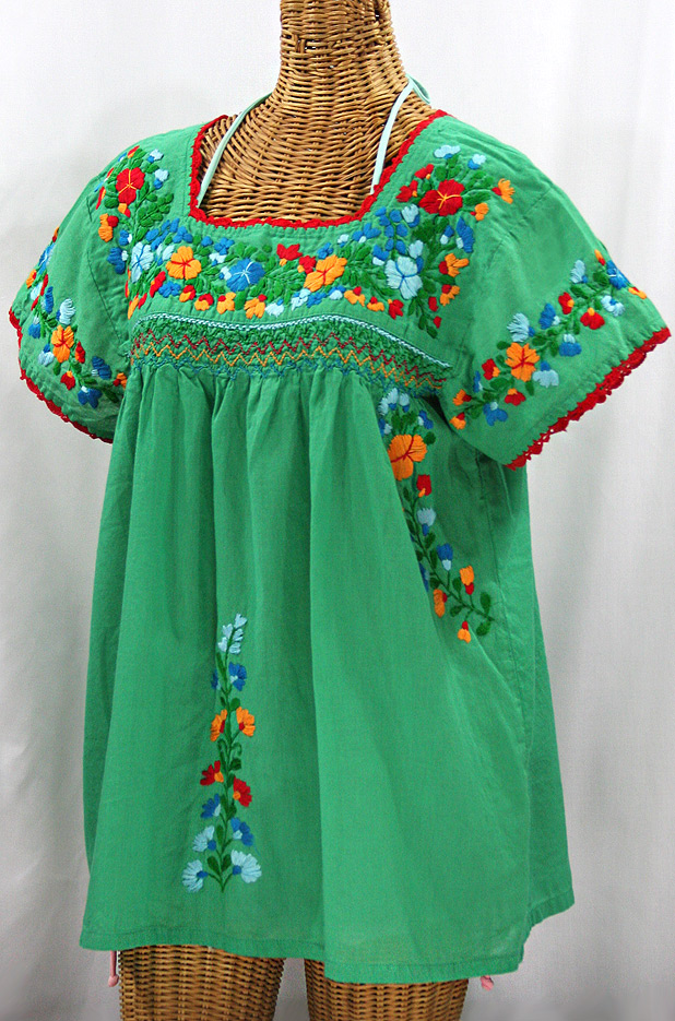 "La Marina Corta" Embroidered Mexican Peasant Blouse - Green + Fiesta