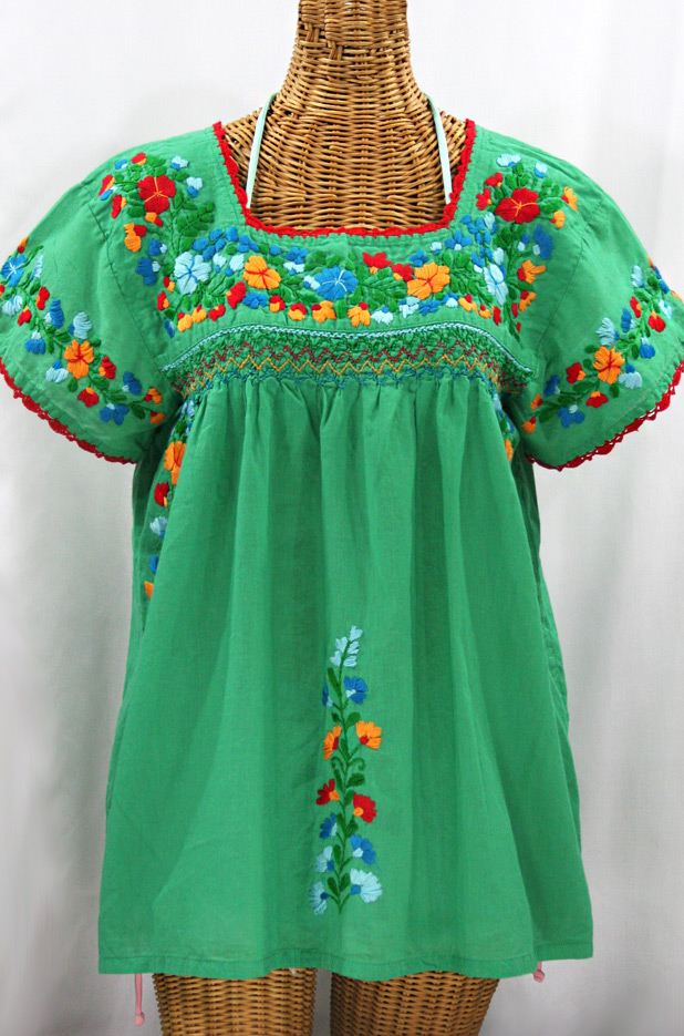 "La Marina Corta" Embroidered Mexican Peasant Blouse - Green + Fiesta