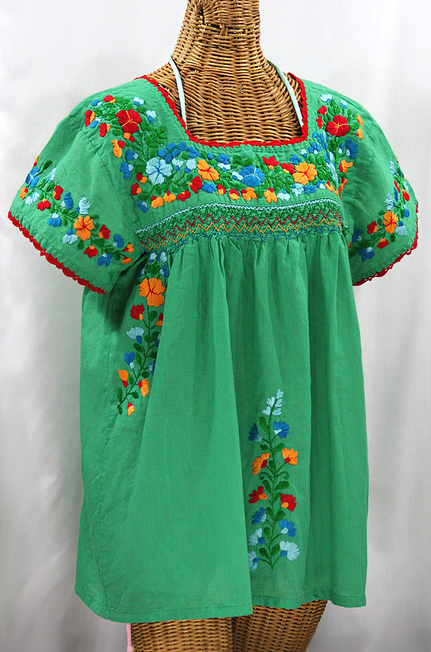 "La Marina Corta" Embroidered Mexican Peasant Blouse - Green + Fiesta