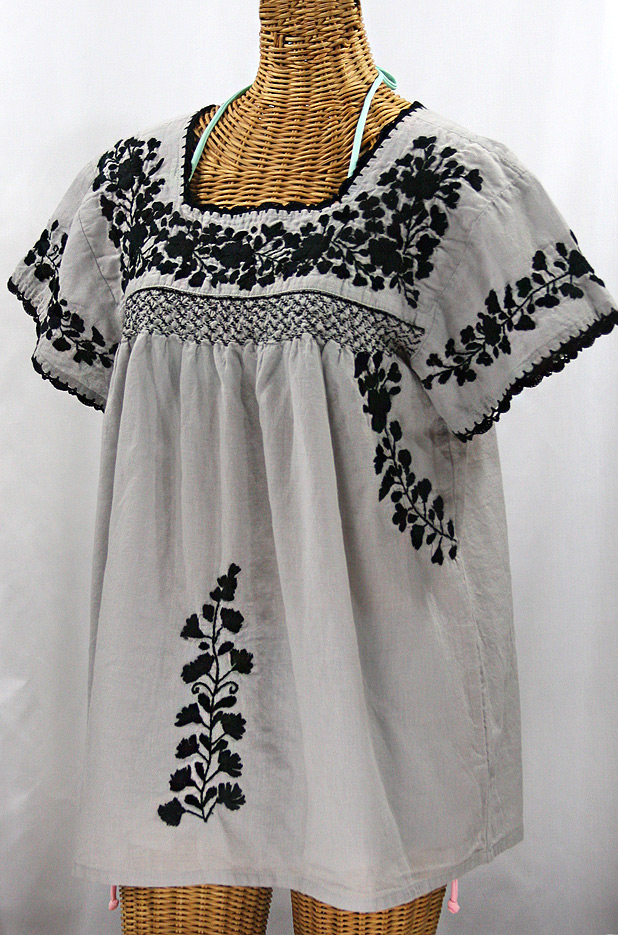 "La Marina Corta" Embroidered Mexican Peasant Blouse - Grey + Black