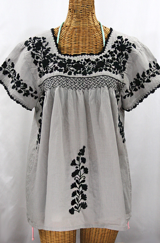 "La Marina Corta" Embroidered Mexican Peasant Blouse - Grey + Black