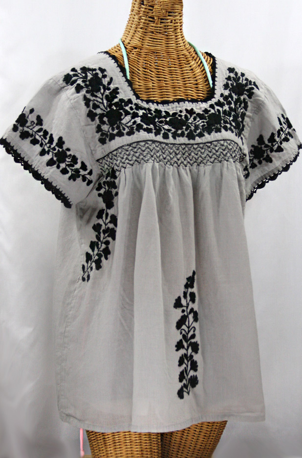 "La Marina Corta" Embroidered Mexican Peasant Blouse - Grey + Black