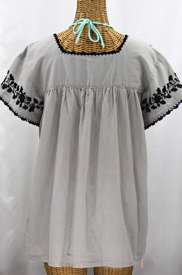 "La Marina Corta" Embroidered Mexican Peasant Blouse - Grey + Black