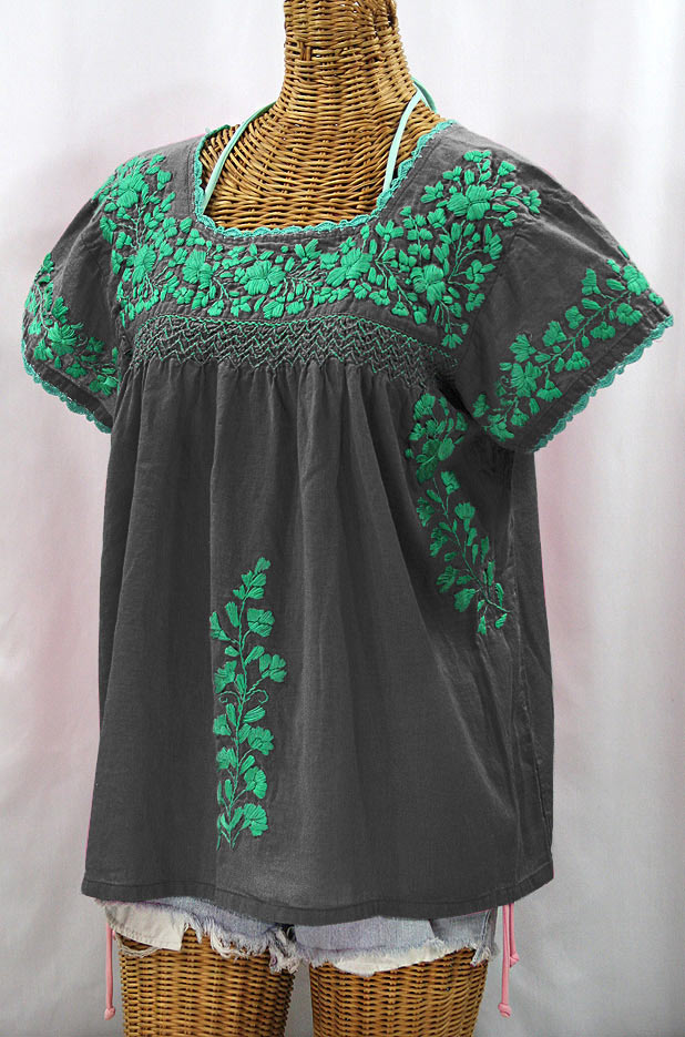 "La Marina Corta" Embroidered Mexican Peasant Blouse - Grey + Mint