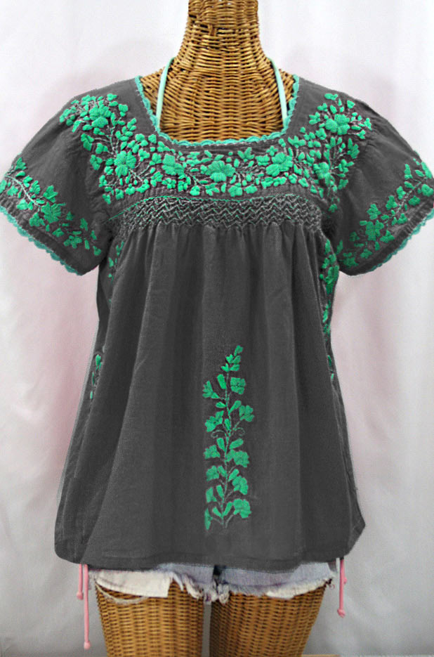 "La Marina Corta" Embroidered Mexican Peasant Blouse - Grey + Mint