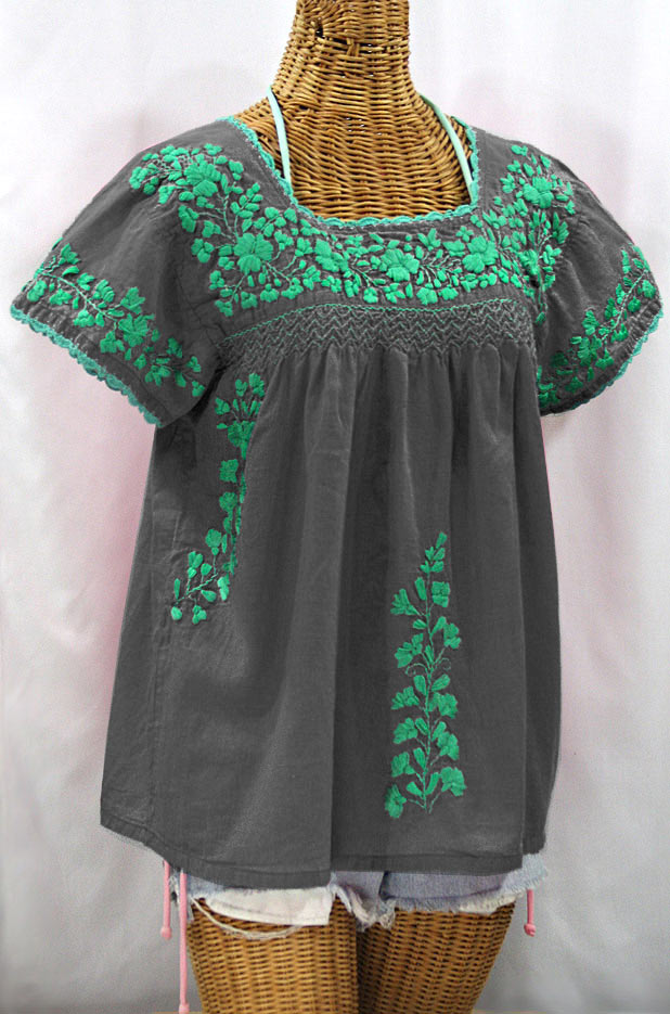 "La Marina Corta" Embroidered Mexican Peasant Blouse - Grey + Mint