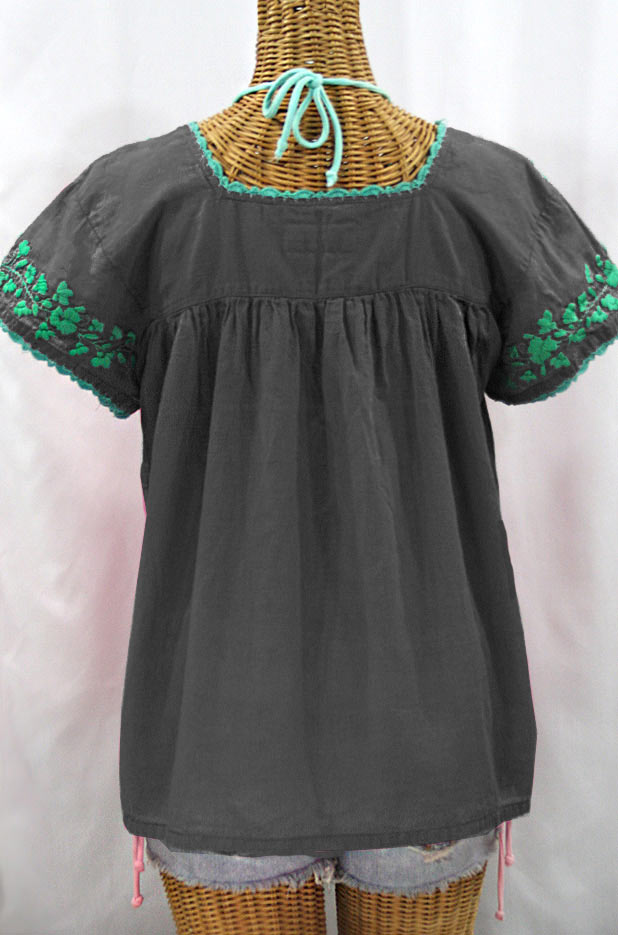 "La Marina Corta" Embroidered Mexican Peasant Blouse - Grey + Mint