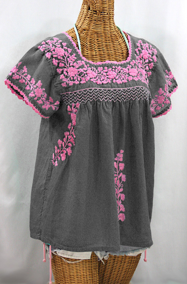 "La Marina Corta" Embroidered Mexican Peasant Blouse - Grey + Pink