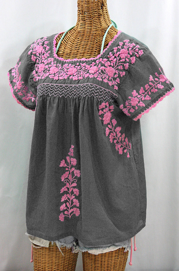 "La Marina Corta" Embroidered Mexican Peasant Blouse - Grey + Pink