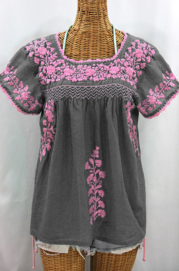 "La Marina Corta" Embroidered Mexican Peasant Blouse - Grey + Pink