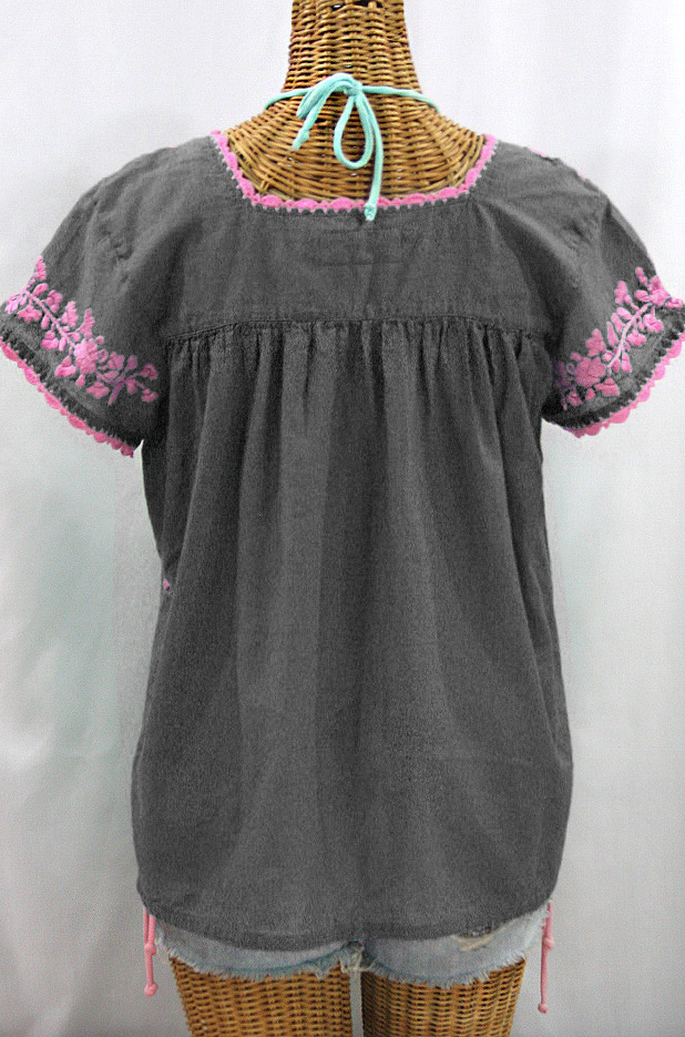 "La Marina Corta" Embroidered Mexican Peasant Blouse - Grey + Pink