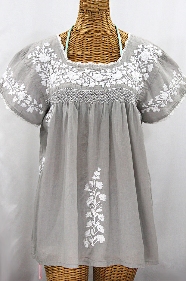 "La Marina Corta" Embroidered Mexican Peasant Blouse - Grey + White