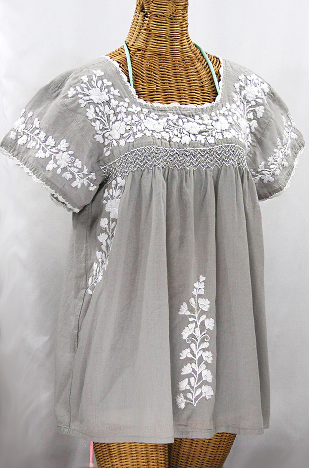 "La Marina Corta" Embroidered Mexican Peasant Blouse - Grey + White