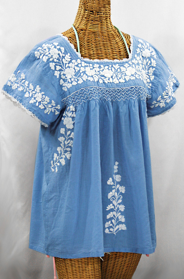 "La Marina Corta" Embroidered Mexican Peasant Blouse - Light Blue + White