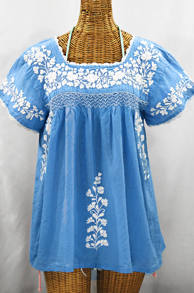 "La Marina Corta" Embroidered Mexican Peasant Blouse - Light Blue + White