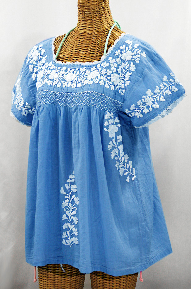 "La Marina Corta" Embroidered Mexican Peasant Blouse - Light Blue + White