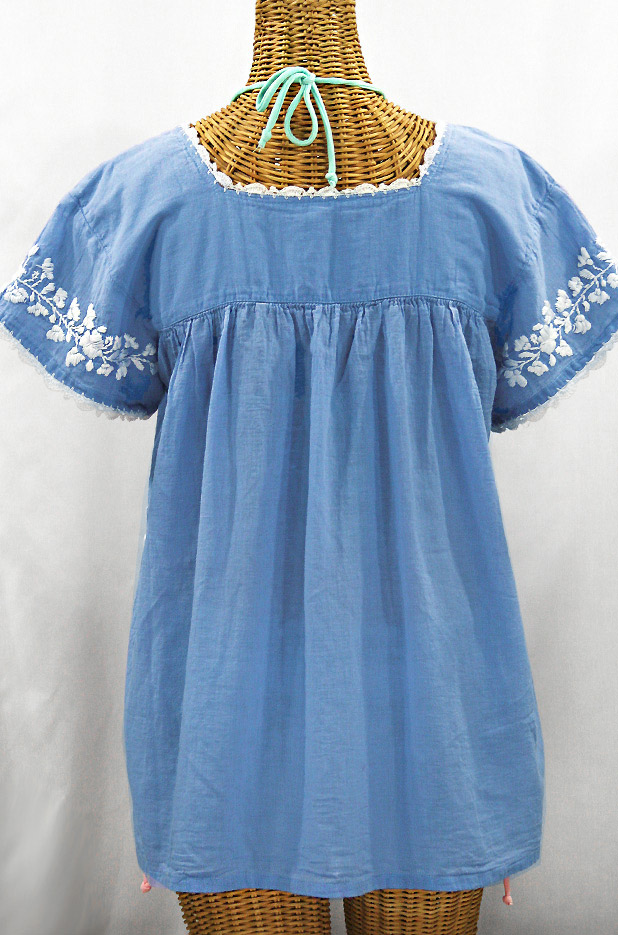 "La Marina Corta" Embroidered Mexican Peasant Blouse - Light Blue + White