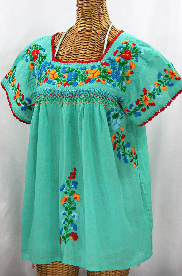 "La Marina Corta" Embroidered Mexican Peasant Blouse - Mint Green + Fiesta