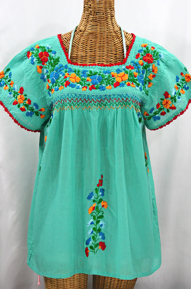 "La Marina Corta" Embroidered Mexican Peasant Blouse - Mint Green + Fiesta