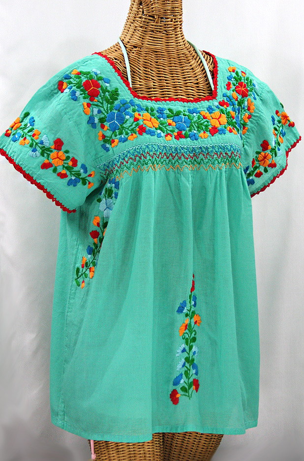 "La Marina Corta" Embroidered Mexican Peasant Blouse - Mint Green + Fiesta