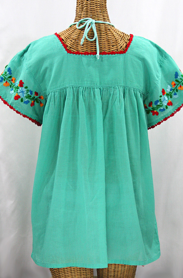 "La Marina Corta" Embroidered Mexican Peasant Blouse - Mint Green + Fiesta