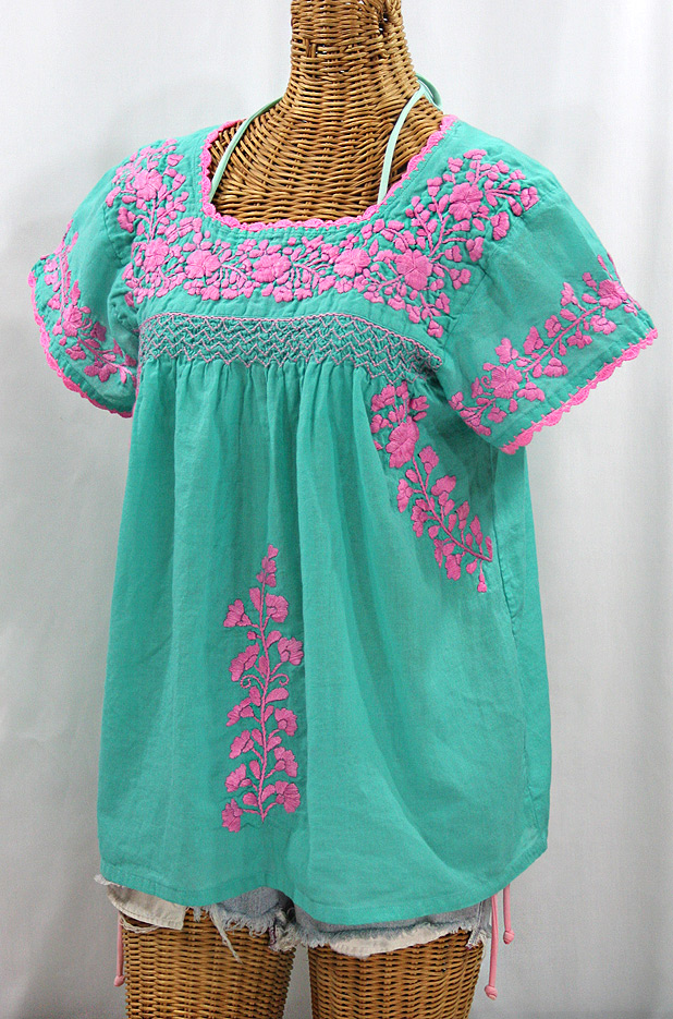 "La Marina Corta" Embroidered Mexican Peasant Blouse - Mint + Pink