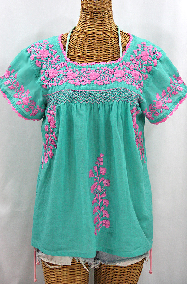 "La Marina Corta" Embroidered Mexican Peasant Blouse - Mint + Pink
