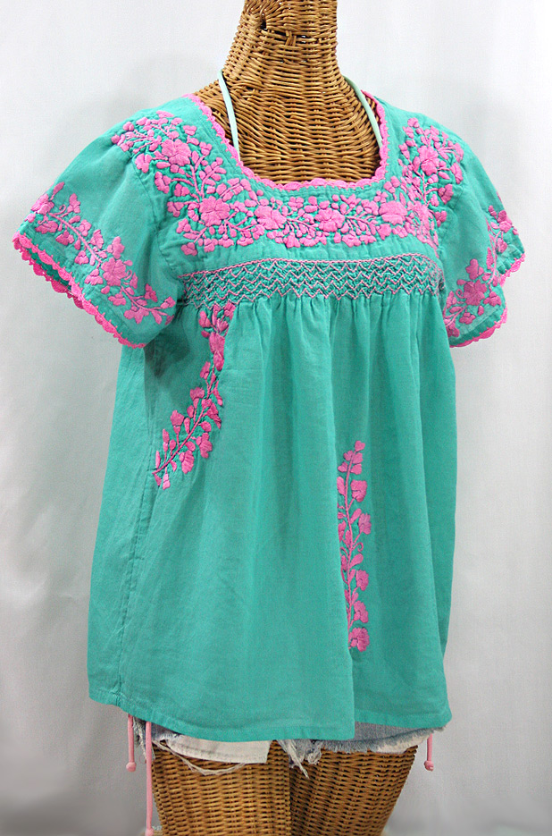 "La Marina Corta" Embroidered Mexican Peasant Blouse - Mint + Pink