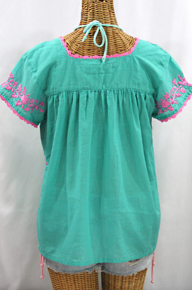 "La Marina Corta" Embroidered Mexican Peasant Blouse - Mint + Pink