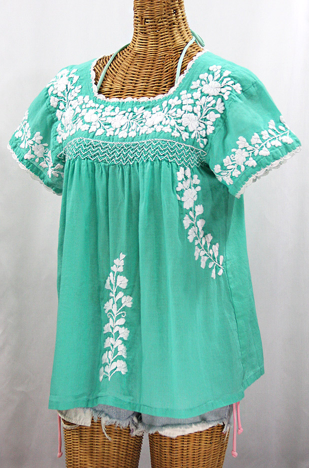 "La Marina Corta" Embroidered Mexican Peasant Blouse - Mint Green + White