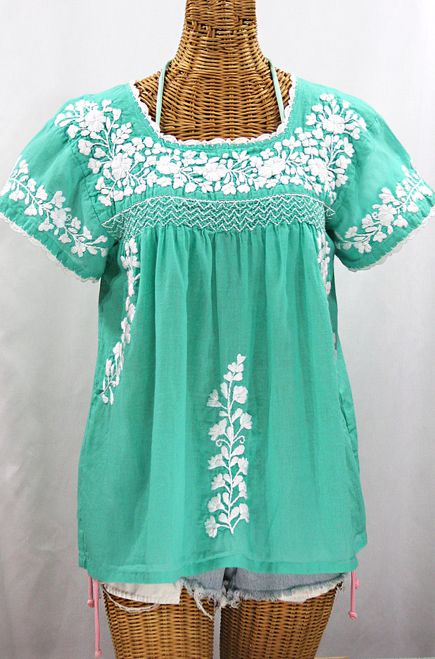 "La Marina Corta" Embroidered Mexican Peasant Blouse - Mint Green + White