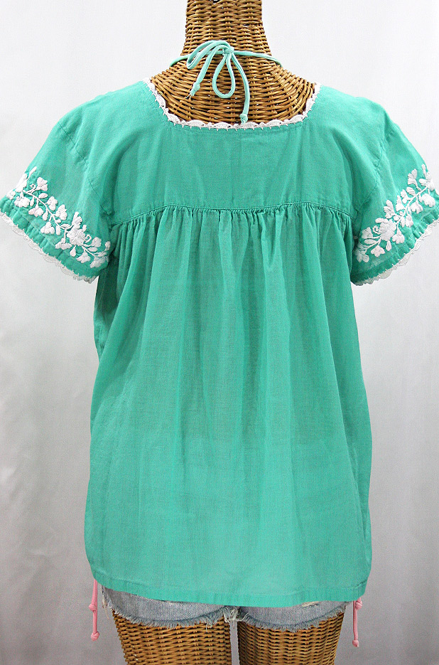 "La Marina Corta" Embroidered Mexican Peasant Blouse - Mint Green + White