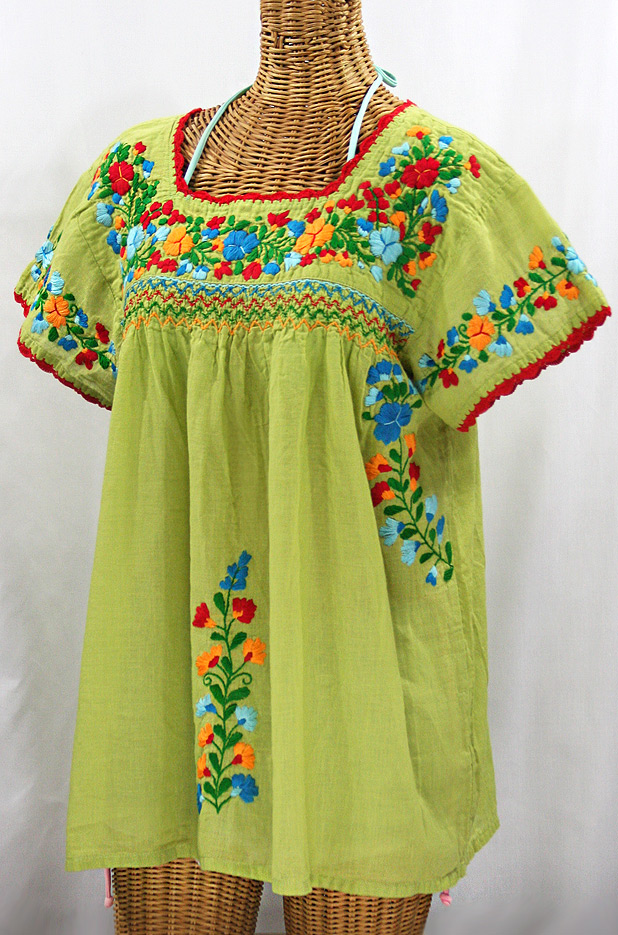 "La Marina Corta" Embroidered Mexican Peasant Blouse - Moss Green + Fiesta