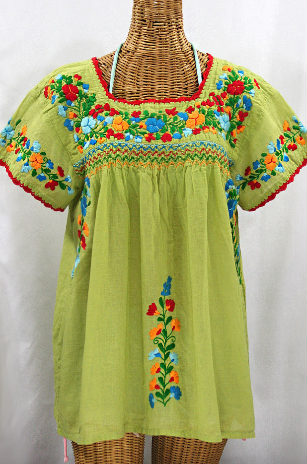 "La Marina Corta" Embroidered Mexican Peasant Blouse - Moss Green + Fiesta