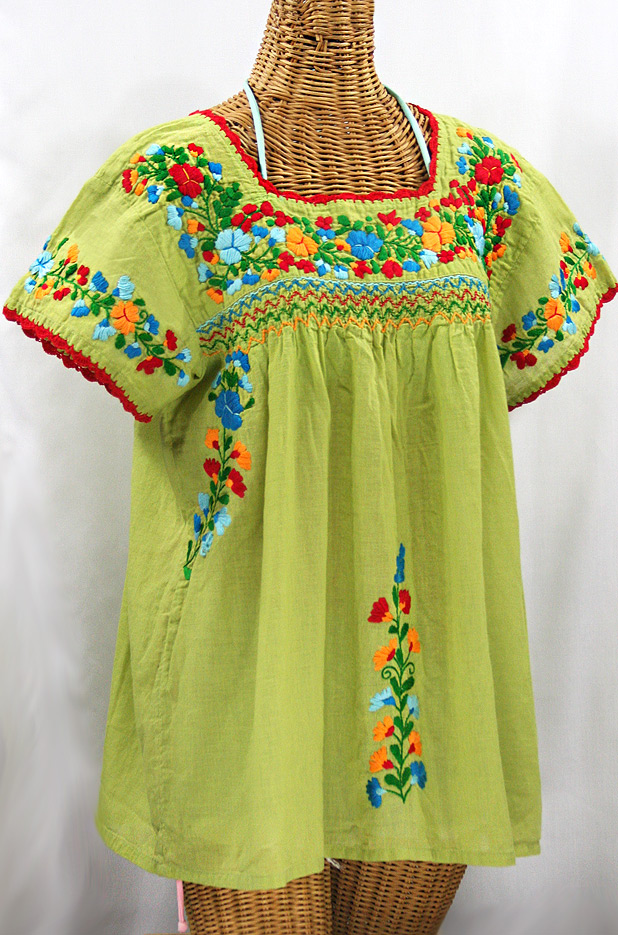 "La Marina Corta" Embroidered Mexican Peasant Blouse - Moss Green + Fiesta