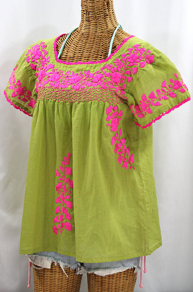 "La Marina Corta" Embroidered Mexican Peasant Blouse - Moss + Neon Pink