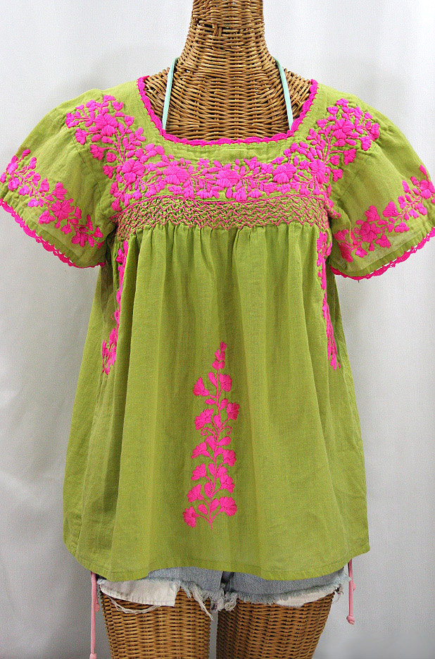 "La Marina Corta" Embroidered Mexican Peasant Blouse - Moss + Neon Pink