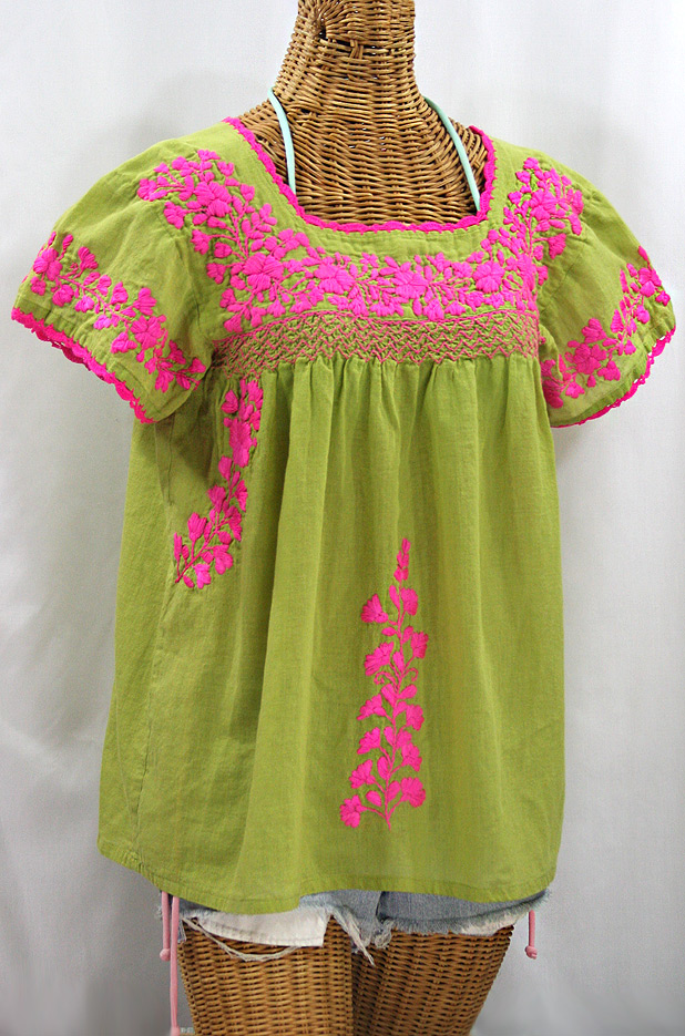 "La Marina Corta" Embroidered Mexican Peasant Blouse - Moss + Neon Pink